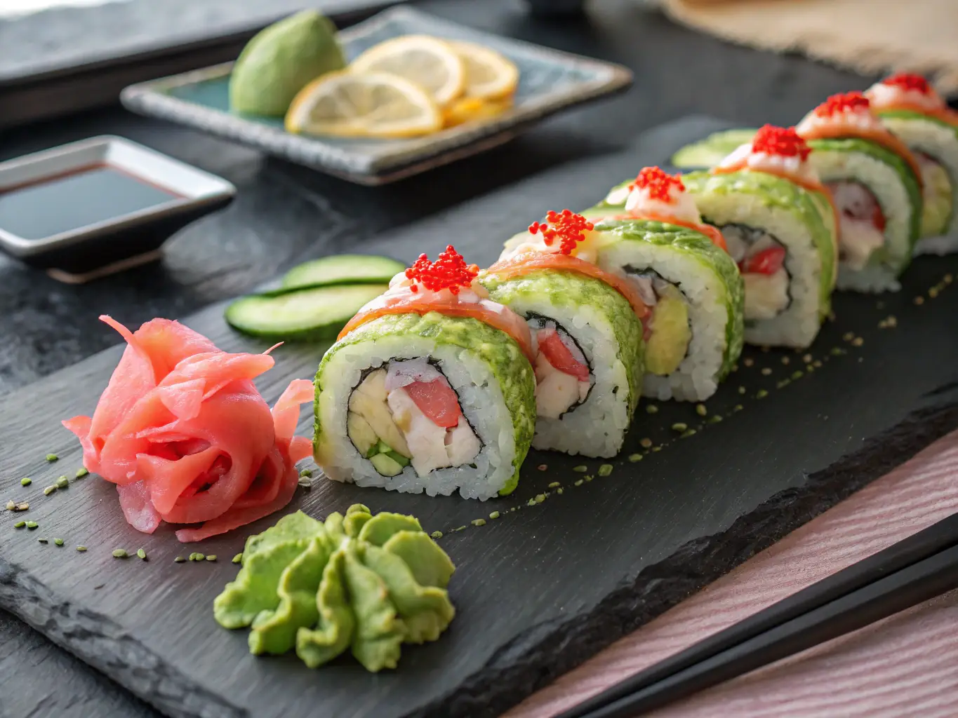 A beautifully arranged plate of assorted premium sushi rolls, highlighting the vibrant colors and textures of the ingredients. The rolls are artfully presented, showcasing the culinary expertise of Yoko Sushi.
