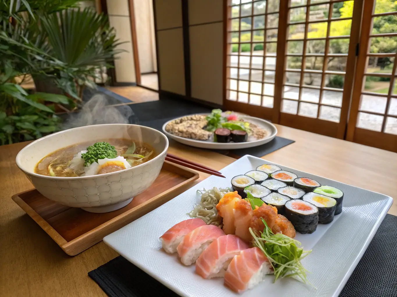 A serene image of a traditional Japanese setting with a focus on a plate of premium sashimi, accompanied by sake and traditional tableware. The scene evokes a sense of elegance and sophistication.